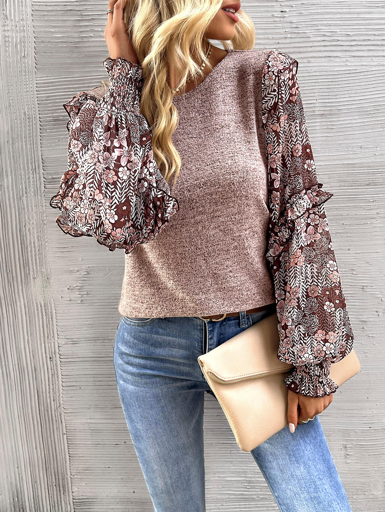 Hairos Floral Contrast Blouse Sweater - Beige - Image 2
