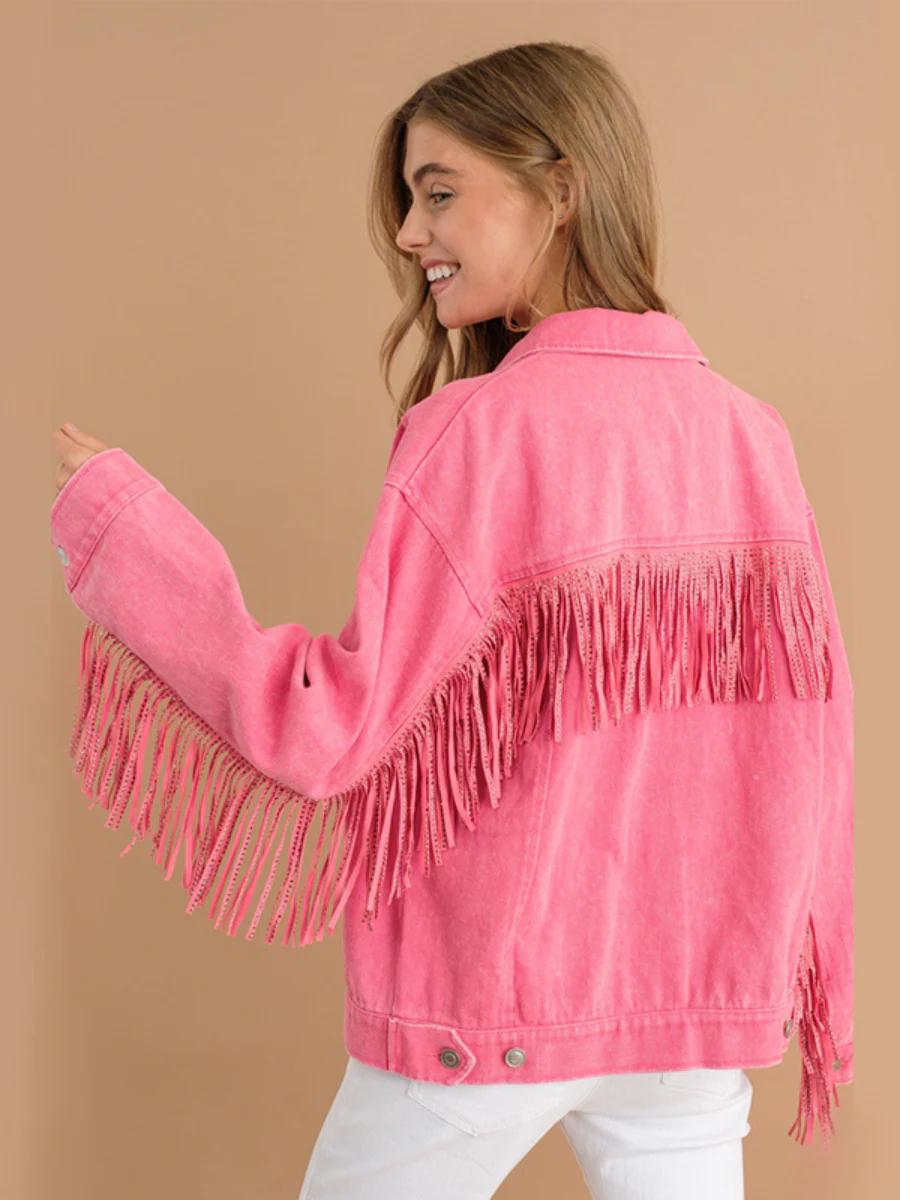 SEQUIN TASSEL WING RETRO DENIM JACKET - PINK - Image 2