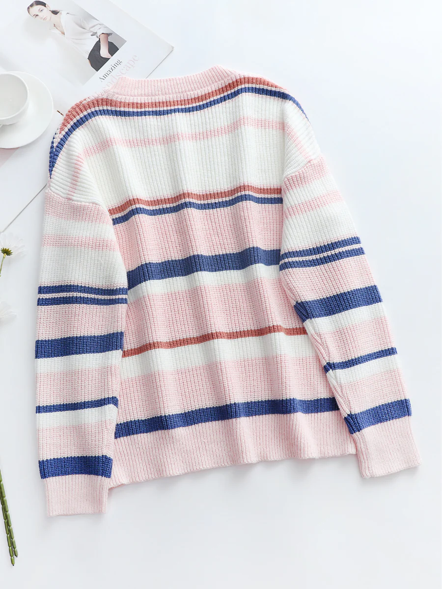 Smaibulun | Pink Blue Orange Stripe Crew Neck Knit Top - Image 2