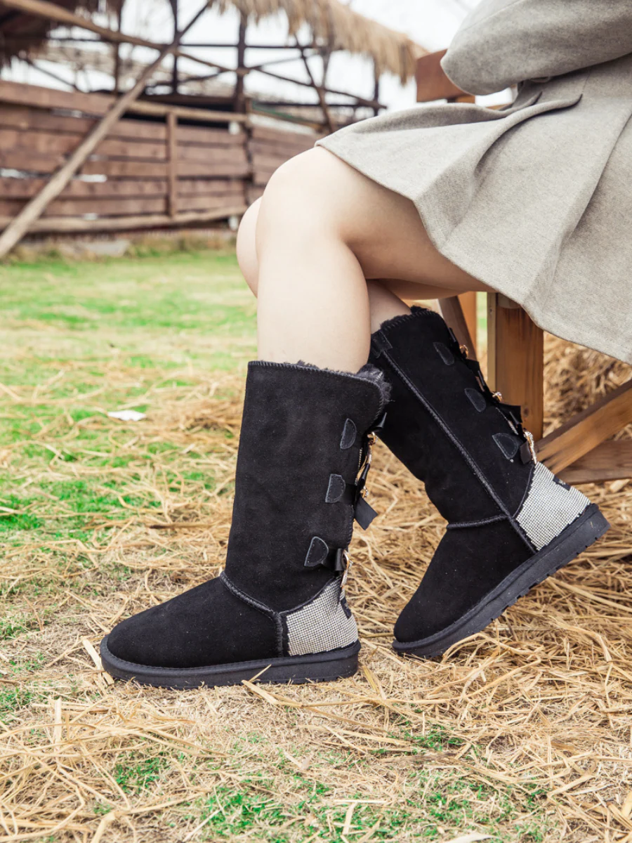 SMAIBULUN Ugg | Rhinestone Ribbon Tri-Tie Bow Suede Boots - Black - Image 4