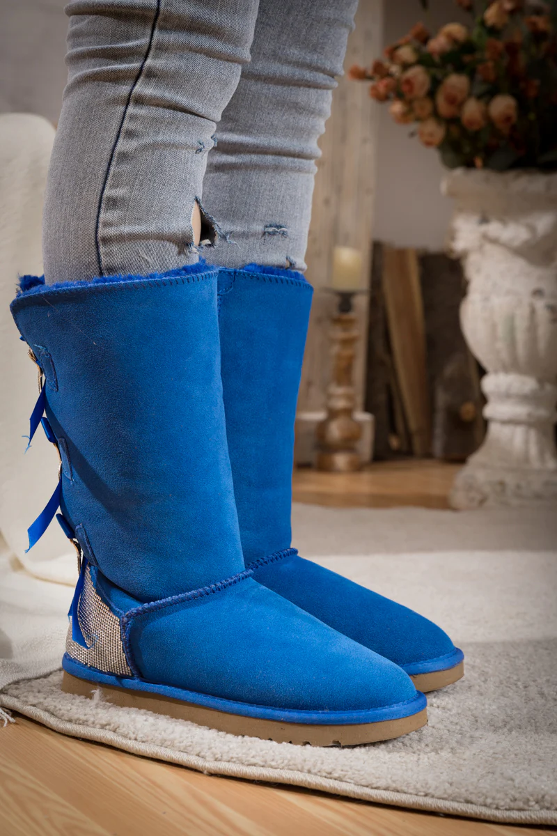 SMAIBULUN Ugg | Rhinestone Ribbon Tri-Tie Bow Suede Boots - Blue - Image 11