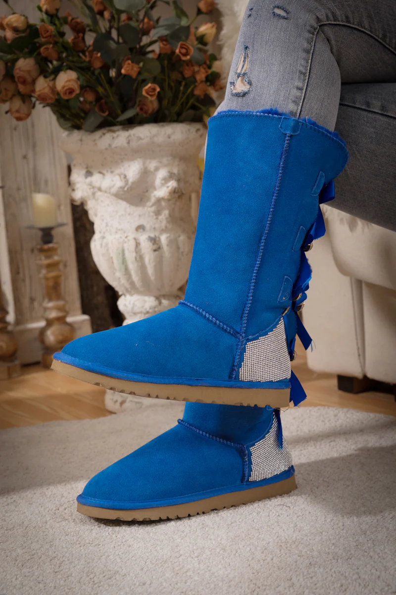 SMAIBULUN Ugg | Rhinestone Ribbon Tri-Tie Bow Suede Boots - Blue - Image 12