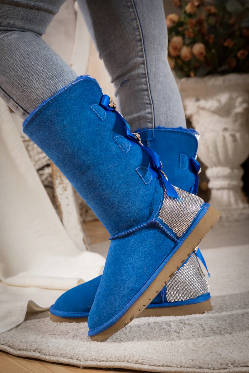SMAIBULUN Ugg | Rhinestone Ribbon Tri-Tie Bow Suede Boots - Blue - Image 4