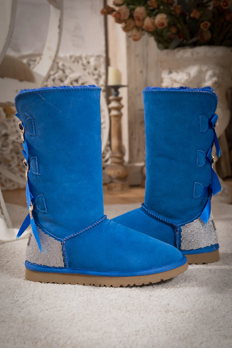 SMAIBULUN Ugg | Rhinestone Ribbon Tri-Tie Bow Suede Boots - Blue - Image 8