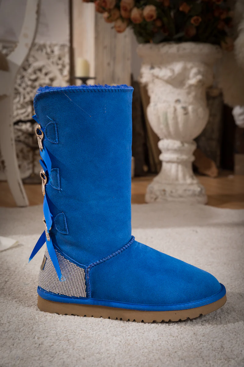 SMAIBULUN Ugg | Rhinestone Ribbon Tri-Tie Bow Suede Boots - Blue - Image 9
