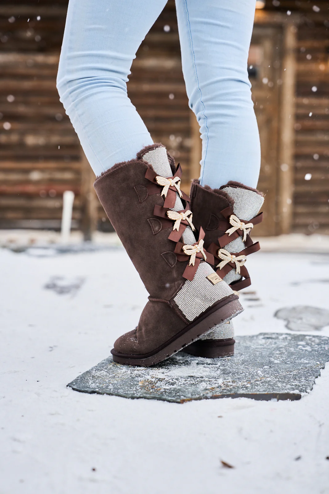 SMAIBULUN Ugg | Rhinestone Ribbon Tri-Tie Bow Suede Boots - brown - Image 4