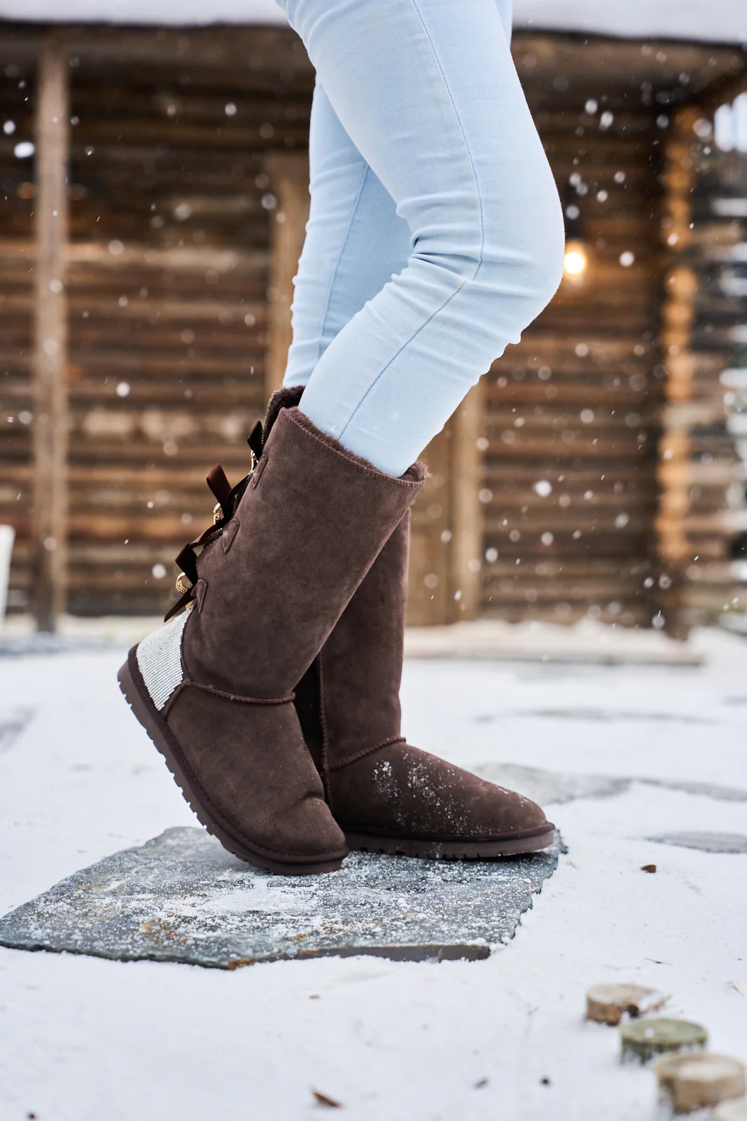 SMAIBULUN Ugg | Rhinestone Ribbon Tri-Tie Bow Suede Boots - brown - Image 5