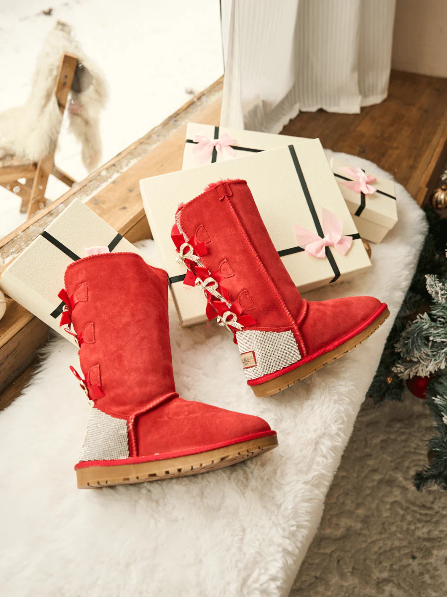 SMAIBULUN Ugg | Rhinestone Ribbon Tri-Tie Bow Suede Boots - candy - Image 2