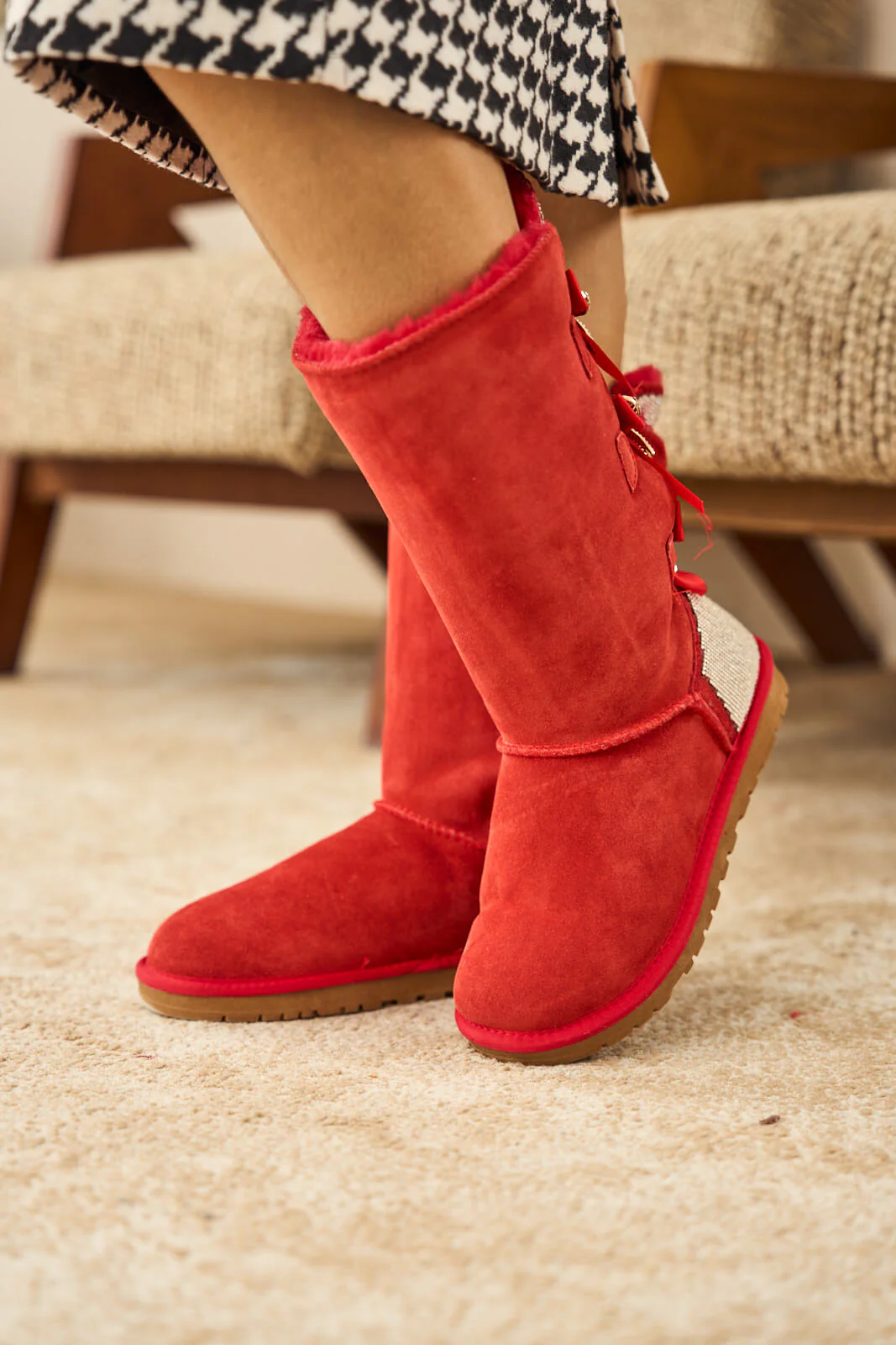 SMAIBULUN Ugg | Rhinestone Ribbon Tri-Tie Bow Suede Boots - candy - Image 5