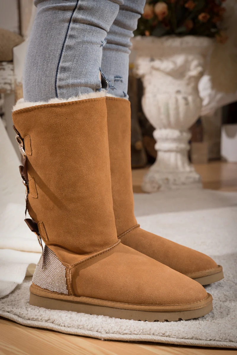 SMAIBULUN Ugg | Rhinestone Ribbon Tri-Tie Bow Suede Boots - Chestnut - Image 10