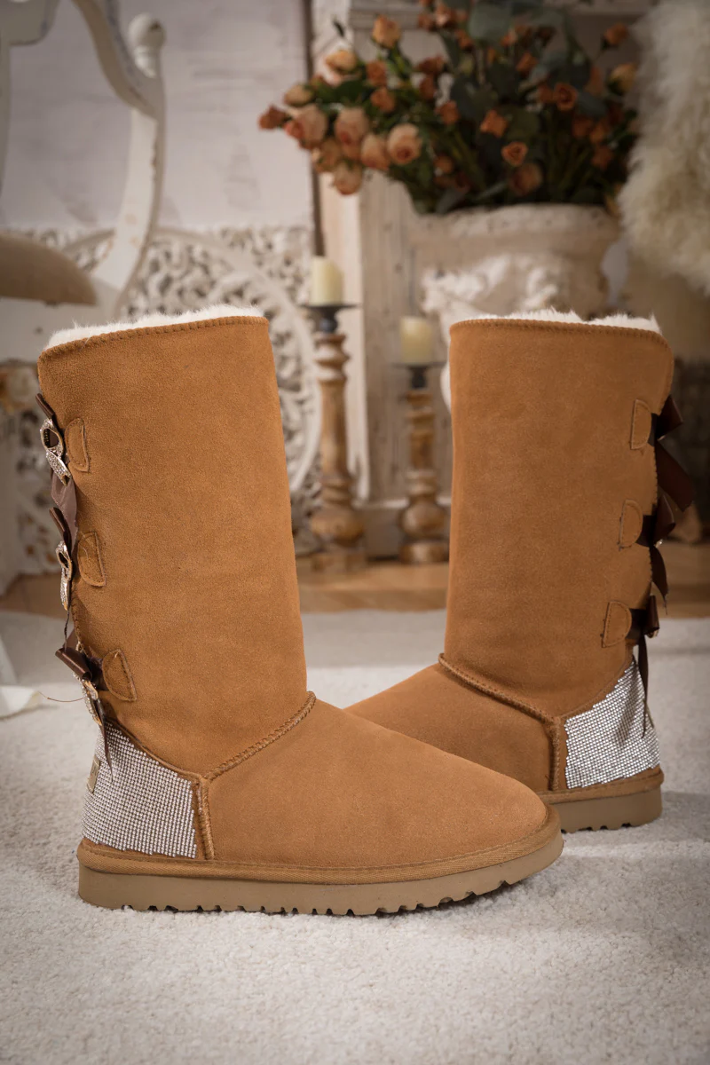 SMAIBULUN Ugg | Rhinestone Ribbon Tri-Tie Bow Suede Boots - Chestnut - Image 3