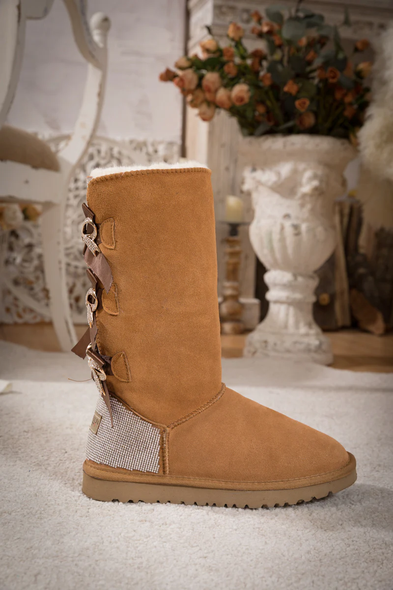 SMAIBULUN Ugg | Rhinestone Ribbon Tri-Tie Bow Suede Boots - Chestnut - Image 4
