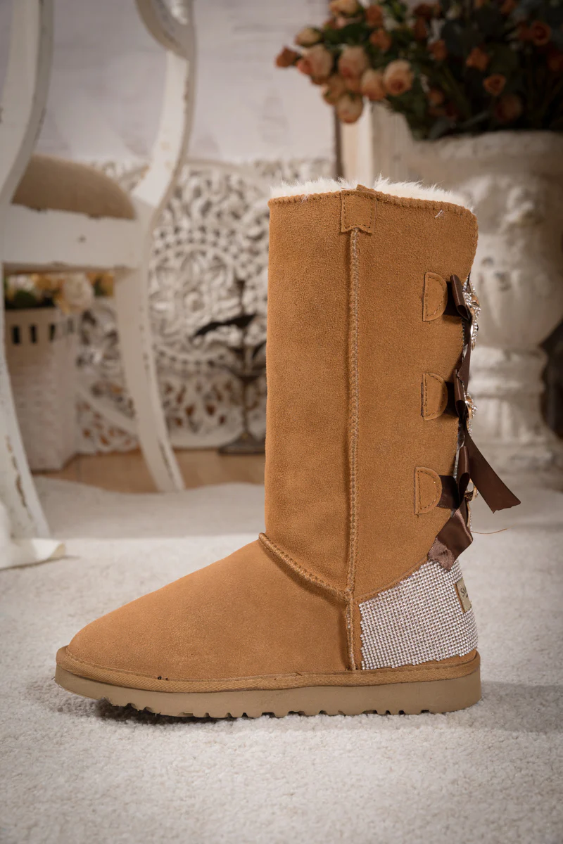 SMAIBULUN Ugg | Rhinestone Ribbon Tri-Tie Bow Suede Boots - Chestnut - Image 5