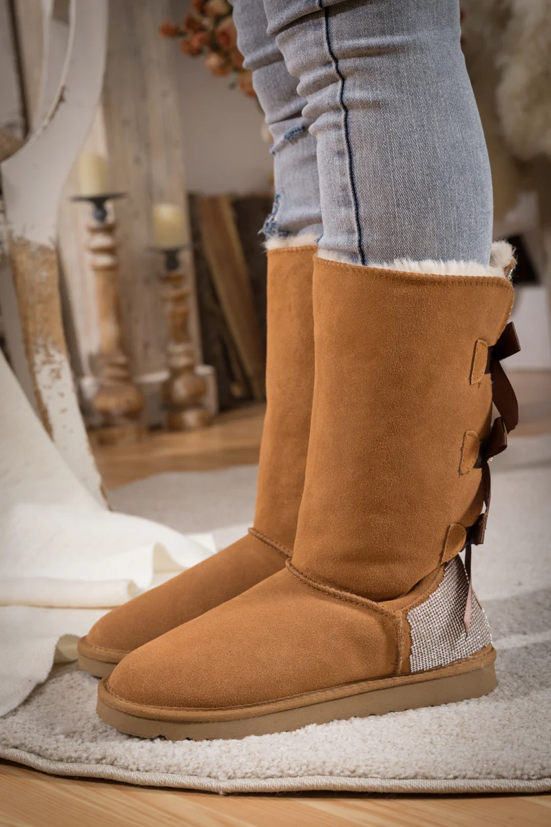 SMAIBULUN Ugg | Rhinestone Ribbon Tri-Tie Bow Suede Boots - Chestnut - Image 6