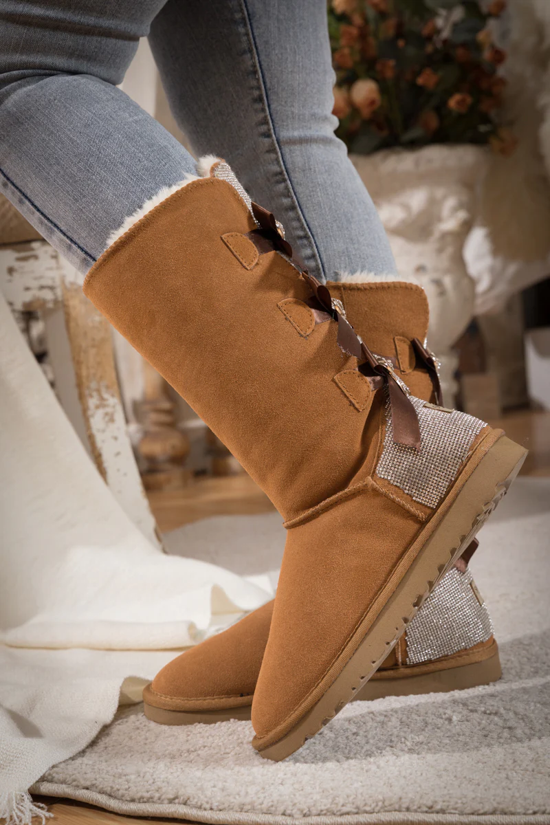 SMAIBULUN Ugg | Rhinestone Ribbon Tri-Tie Bow Suede Boots - Chestnut - Image 7
