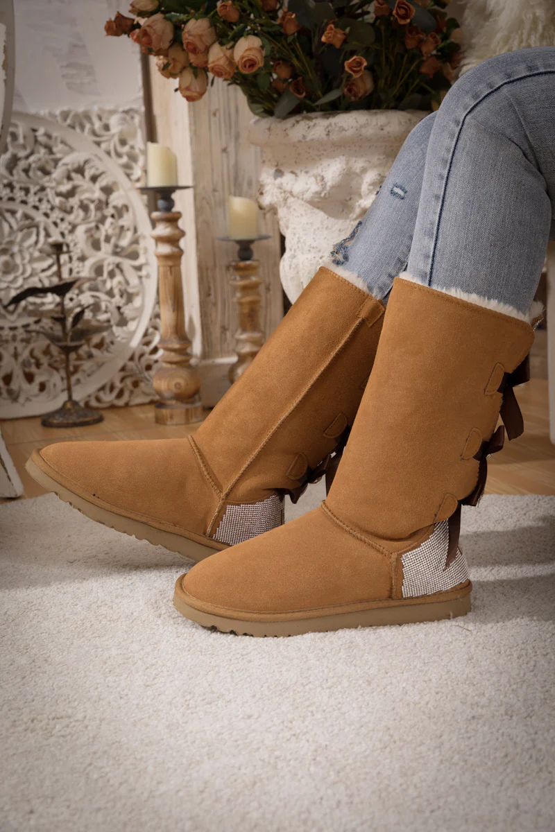 SMAIBULUN Ugg | Rhinestone Ribbon Tri-Tie Bow Suede Boots - Chestnut - Image 8