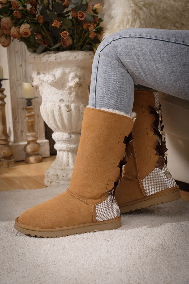 SMAIBULUN Ugg | Rhinestone Ribbon Tri-Tie Bow Suede Boots - Chestnut - Image 9