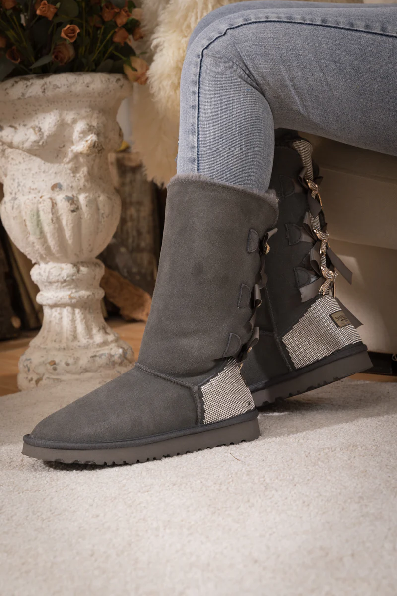 SMAIBULUN Ugg | Rhinestone Ribbon Tri-Tie Bow Suede Boots - Grey - Image 5