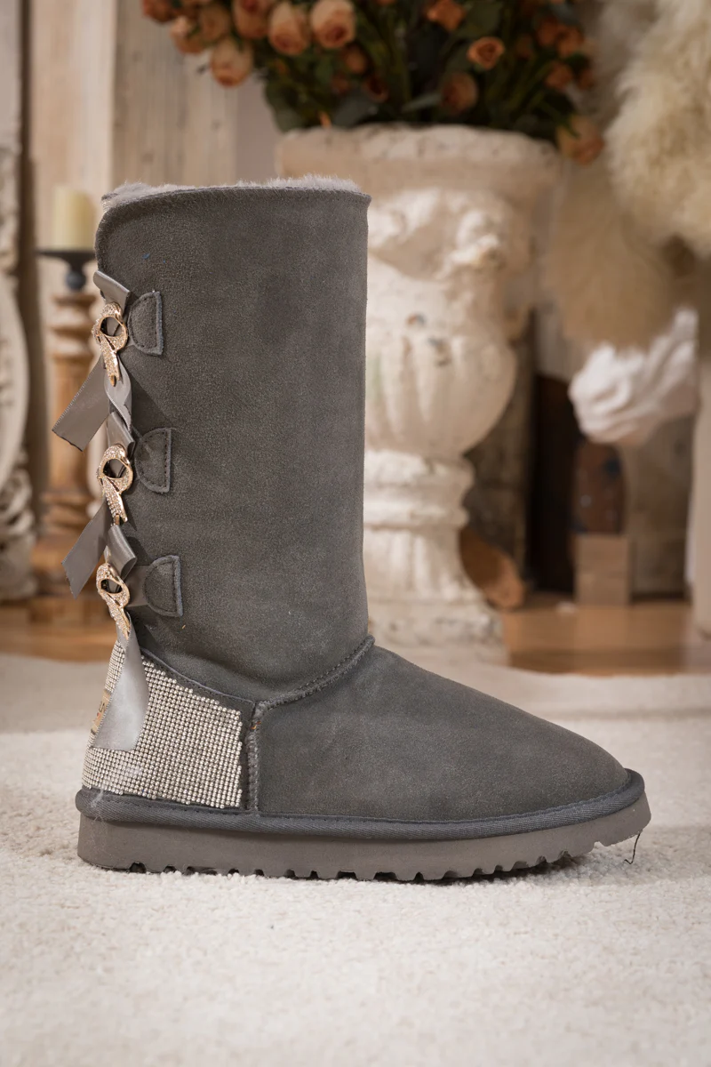SMAIBULUN Ugg | Rhinestone Ribbon Tri-Tie Bow Suede Boots - Grey - Image 9