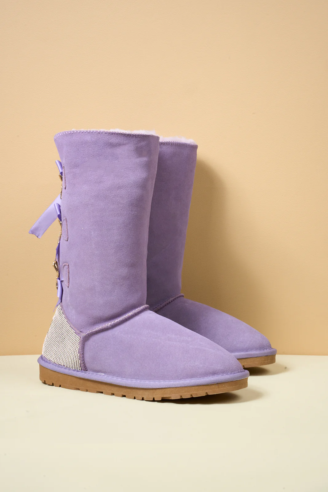 SMAIBULUN Ugg | Rhinestone Ribbon Tri-Tie Bow Suede Boots - lavender - Image 13