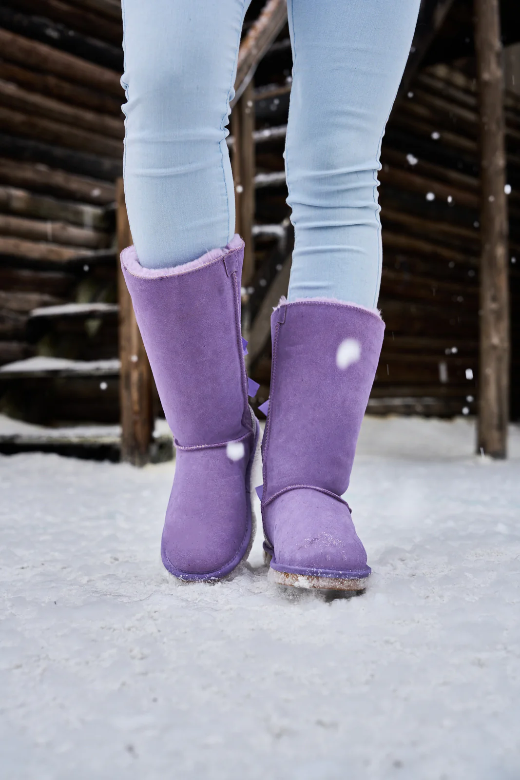 SMAIBULUN Ugg | Rhinestone Ribbon Tri-Tie Bow Suede Boots - lavender - Image 2