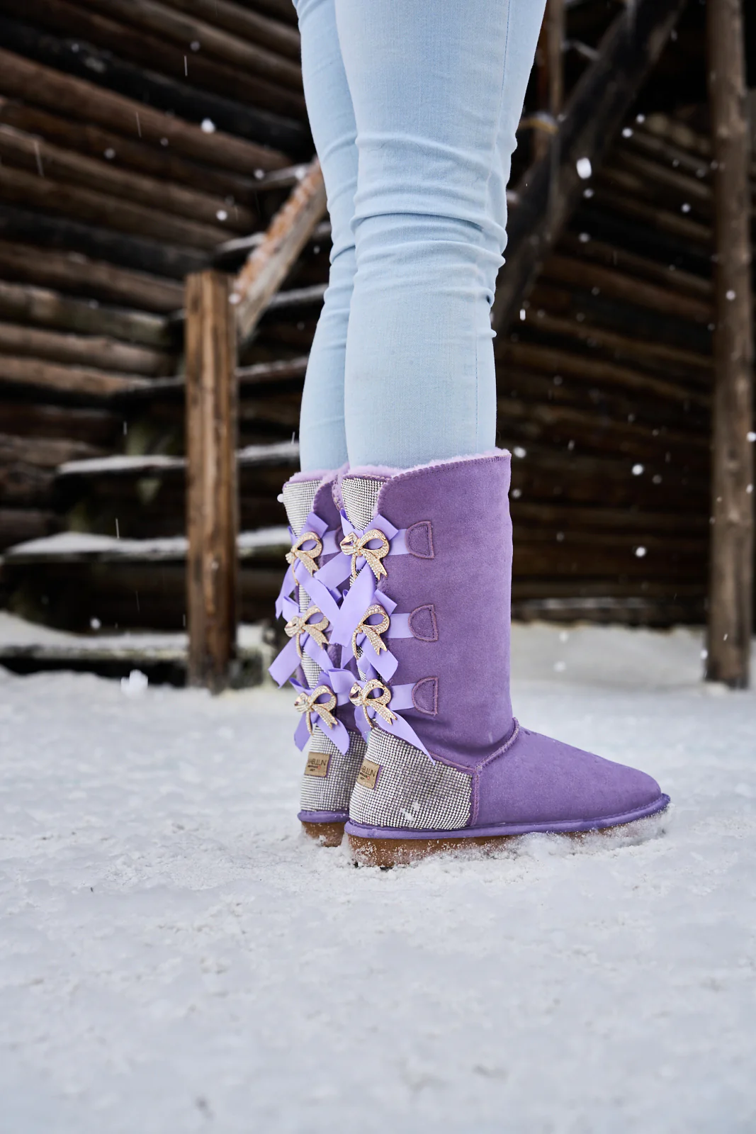 SMAIBULUN Ugg | Rhinestone Ribbon Tri-Tie Bow Suede Boots - lavender - Image 6