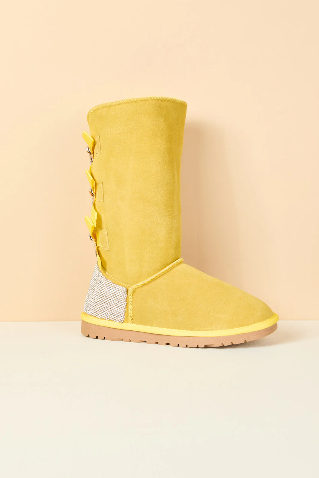 SMAIBULUN Ugg | Rhinestone Ribbon Tri-Tie Bow Suede Boots - lemon - Image 11