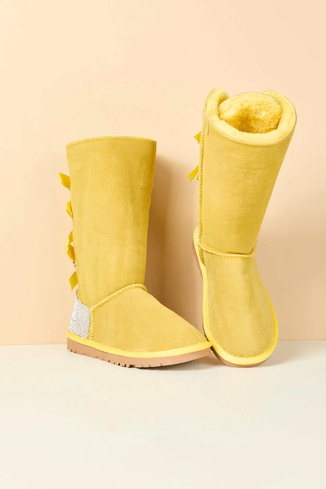 SMAIBULUN Ugg | Rhinestone Ribbon Tri-Tie Bow Suede Boots - lemon - Image 12