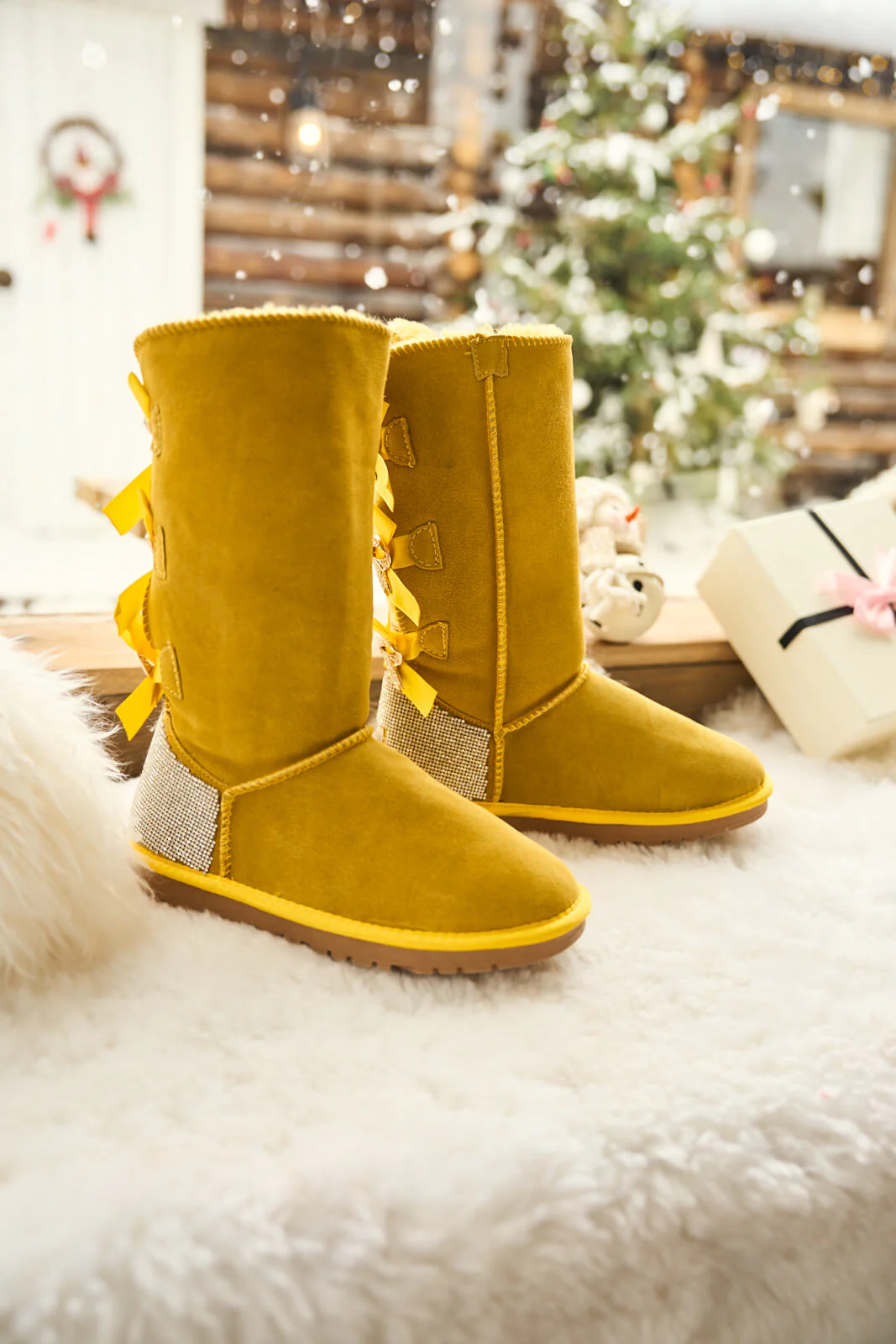SMAIBULUN Ugg | Rhinestone Ribbon Tri-Tie Bow Suede Boots - lemon - Image 9