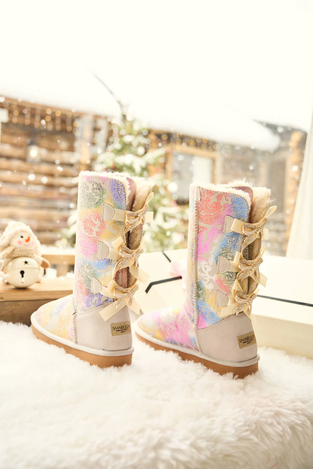 SMAIBULUN Ugg | Rhinestone Ribbon Tri-Tie Bow Suede Boots - multi - Image 10