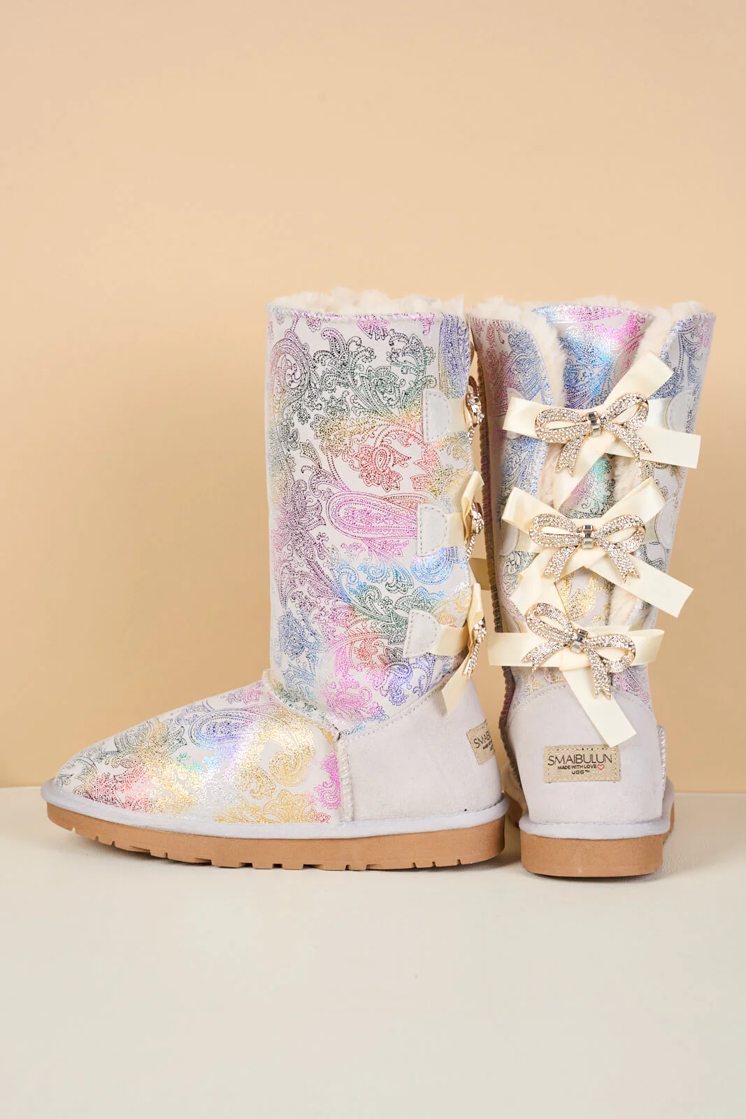 SMAIBULUN Ugg | Rhinestone Ribbon Tri-Tie Bow Suede Boots - multi - Image 11