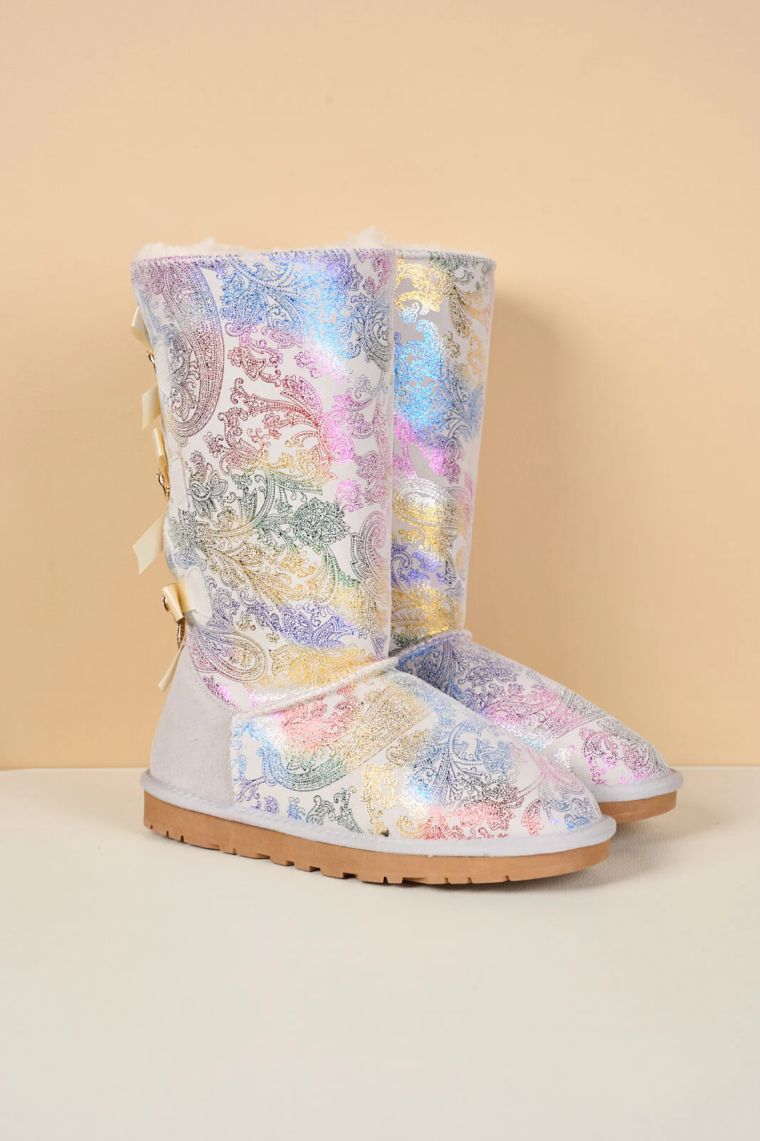 SMAIBULUN Ugg | Rhinestone Ribbon Tri-Tie Bow Suede Boots - multi - Image 12