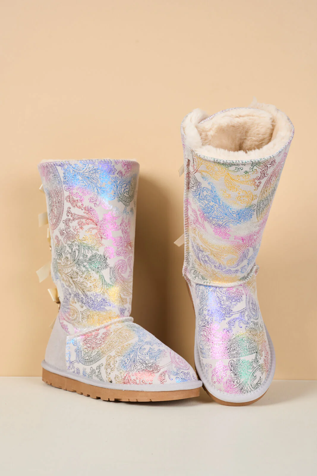 SMAIBULUN Ugg | Rhinestone Ribbon Tri-Tie Bow Suede Boots - multi - Image 13
