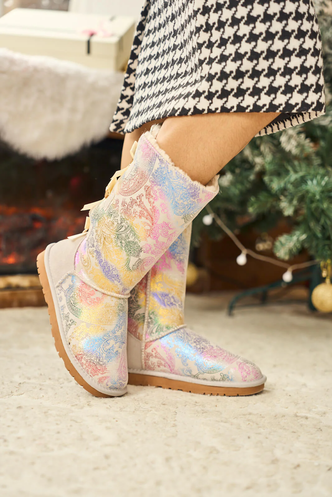 SMAIBULUN Ugg | Rhinestone Ribbon Tri-Tie Bow Suede Boots - multi - Image 3