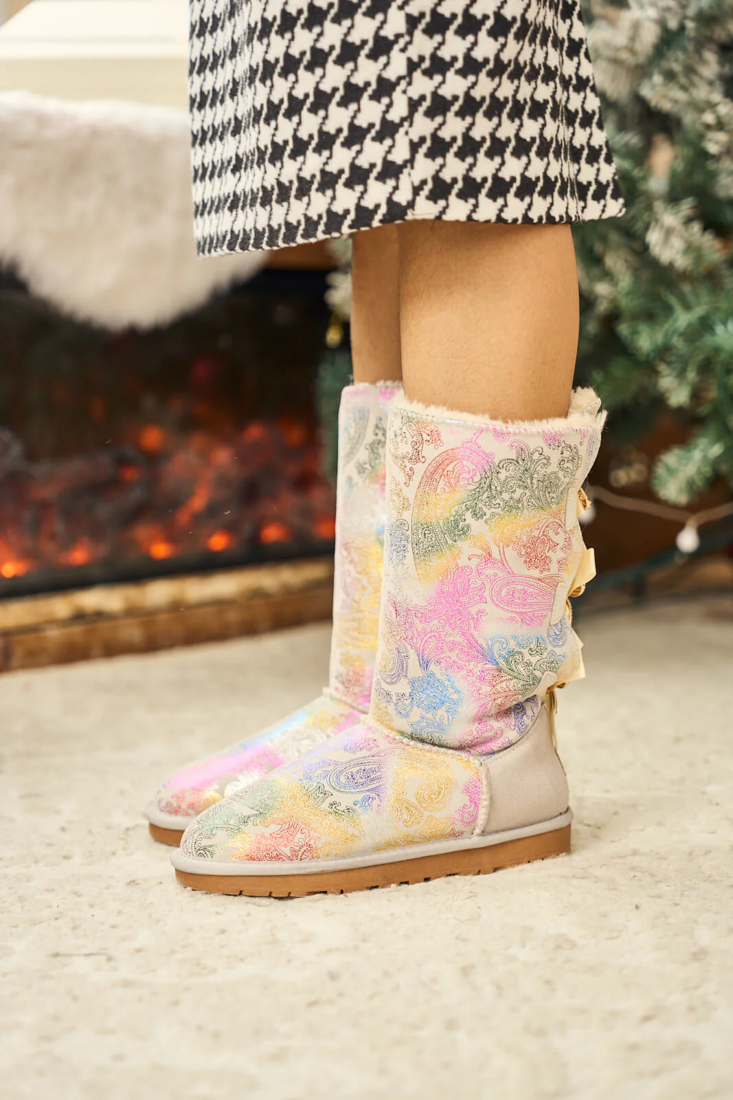 SMAIBULUN Ugg | Rhinestone Ribbon Tri-Tie Bow Suede Boots - multi - Image 4