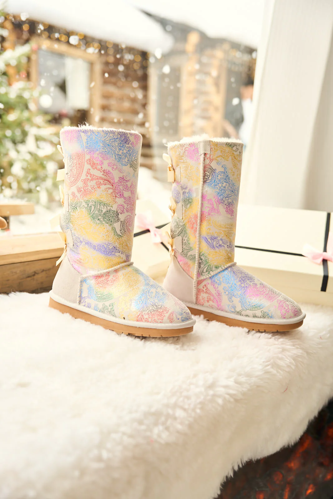 SMAIBULUN Ugg | Rhinestone Ribbon Tri-Tie Bow Suede Boots - multi - Image 9