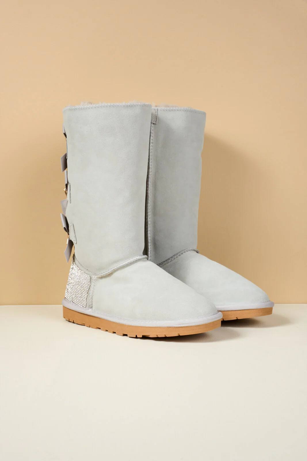 SMAIBULUN Ugg | Rhinestone Ribbon Tri-Tie Bow Suede Boots - pale - Image 11