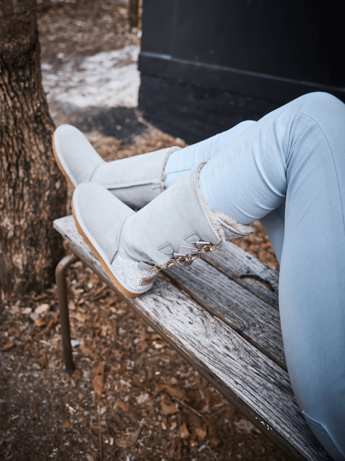 SMAIBULUN Ugg | Rhinestone Ribbon Tri-Tie Bow Suede Boots - pale - Image 5