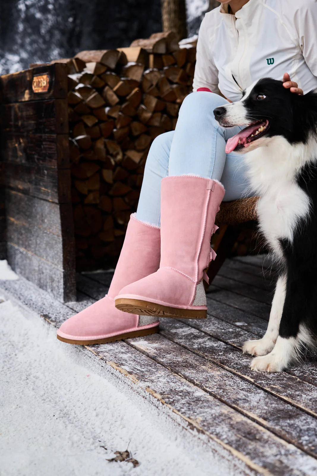 SMAIBULUN Ugg | Rhinestone Ribbon Tri-Tie Bow Suede Boots - Pink - Image 10