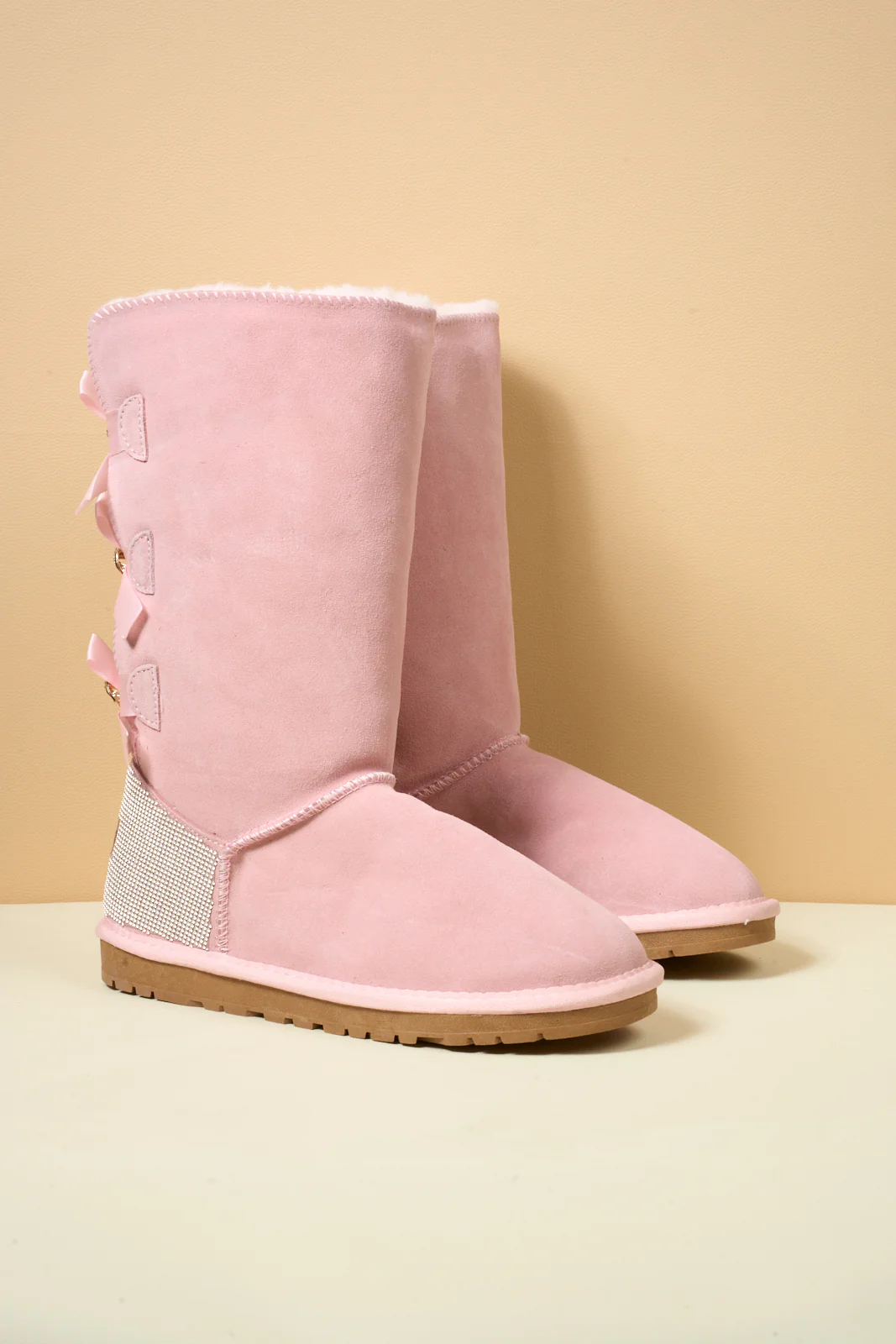 SMAIBULUN Ugg | Rhinestone Ribbon Tri-Tie Bow Suede Boots - Pink - Image 12