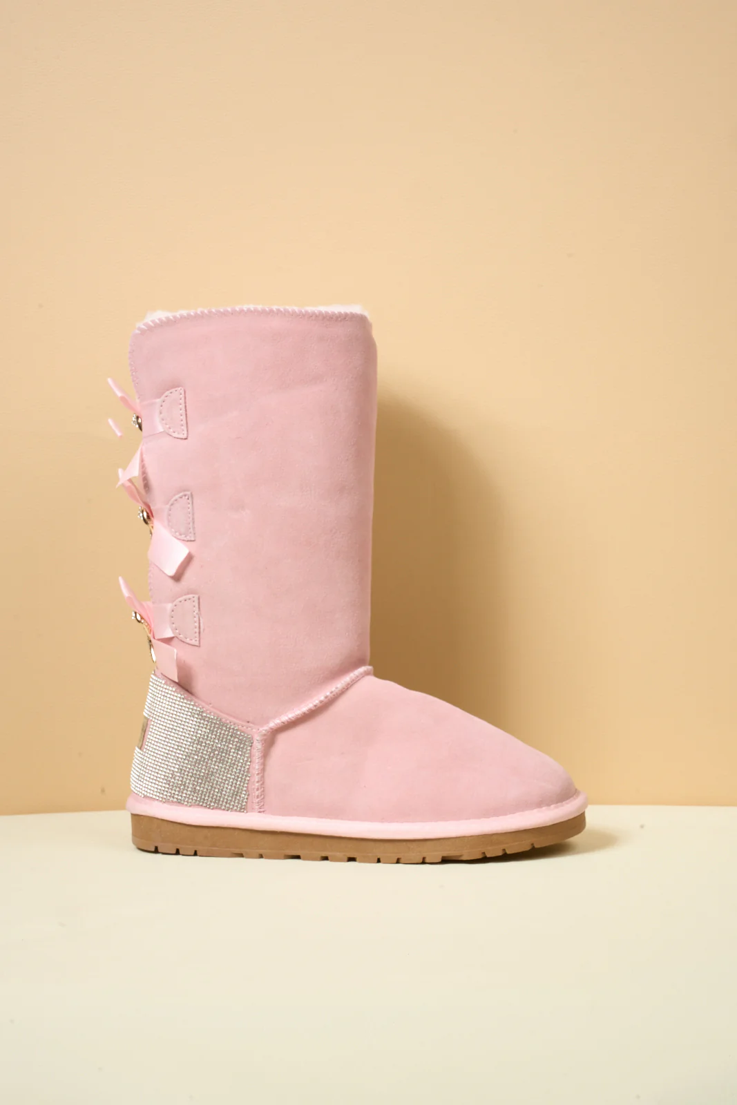 SMAIBULUN Ugg | Rhinestone Ribbon Tri-Tie Bow Suede Boots - Pink - Image 14
