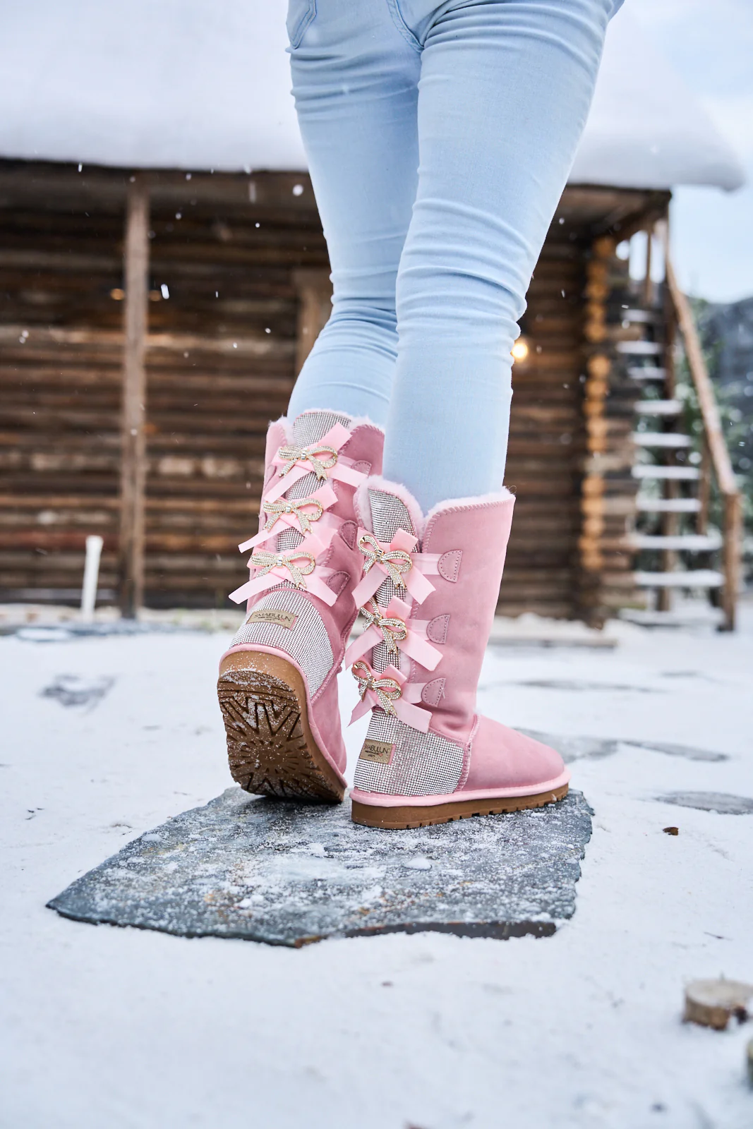 SMAIBULUN Ugg | Rhinestone Ribbon Tri-Tie Bow Suede Boots - Pink - Image 7
