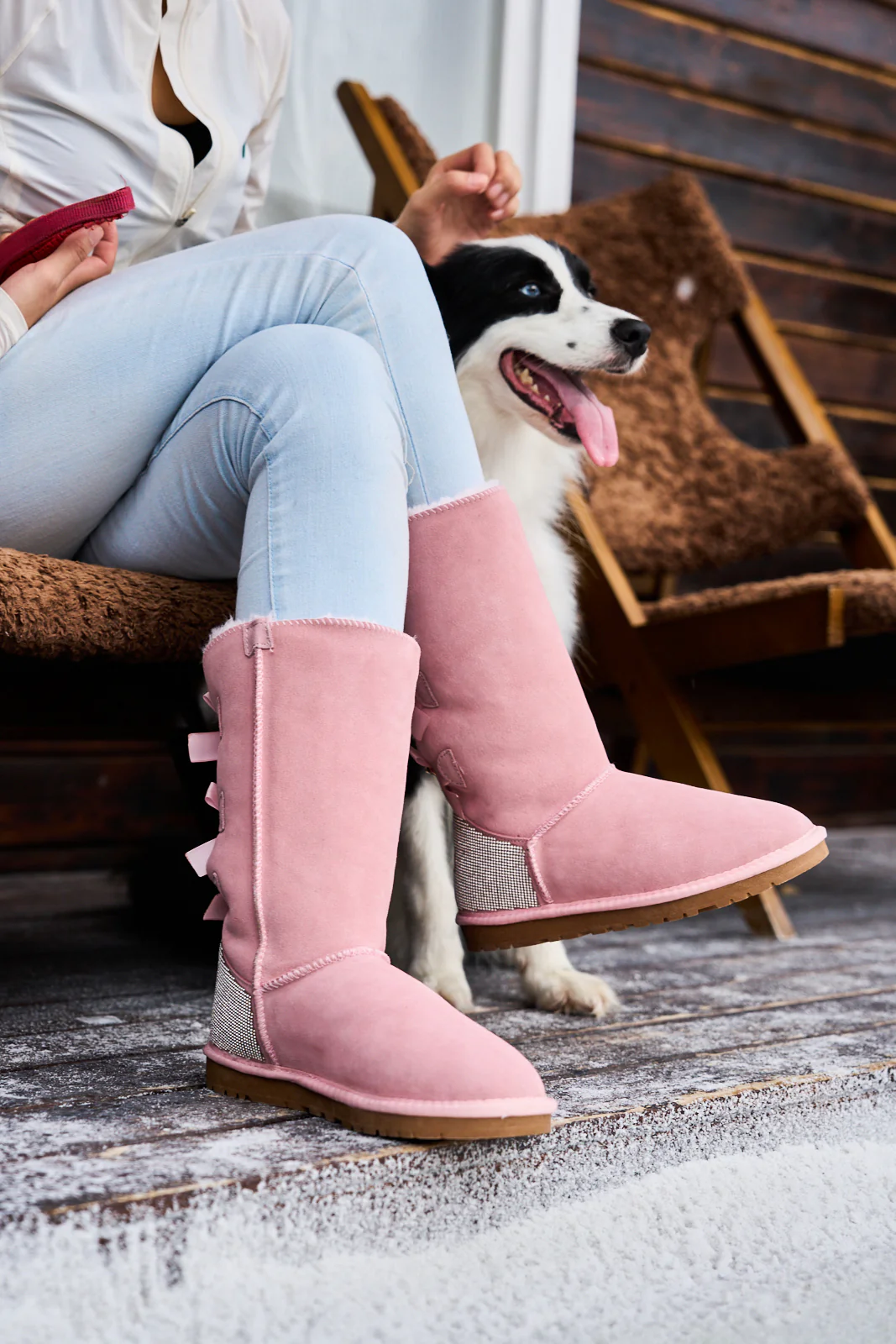 SMAIBULUN Ugg | Rhinestone Ribbon Tri-Tie Bow Suede Boots - Pink - Image 9