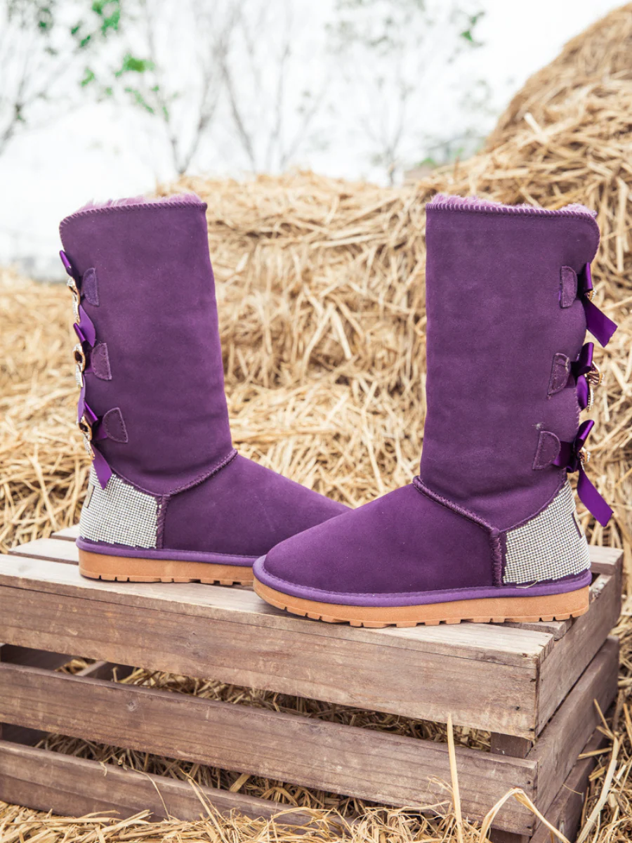 SMAIBULUN Ugg | Rhinestone Ribbon Ballet Bow Suede Boots - Purple - Image 5