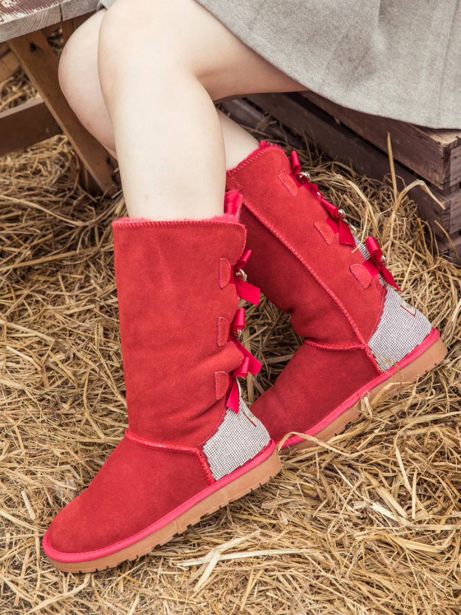 SMAIBULUN Ugg | Rhinestone Ribbon Tri-Tie Bow Suede Boots - Red - Image 3