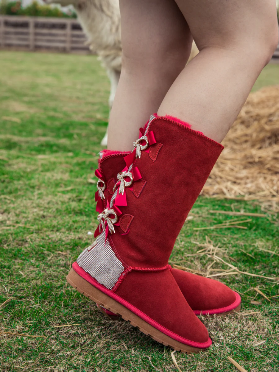 SMAIBULUN Ugg | Rhinestone Ribbon Tri-Tie Bow Suede Boots - Red - Image 6