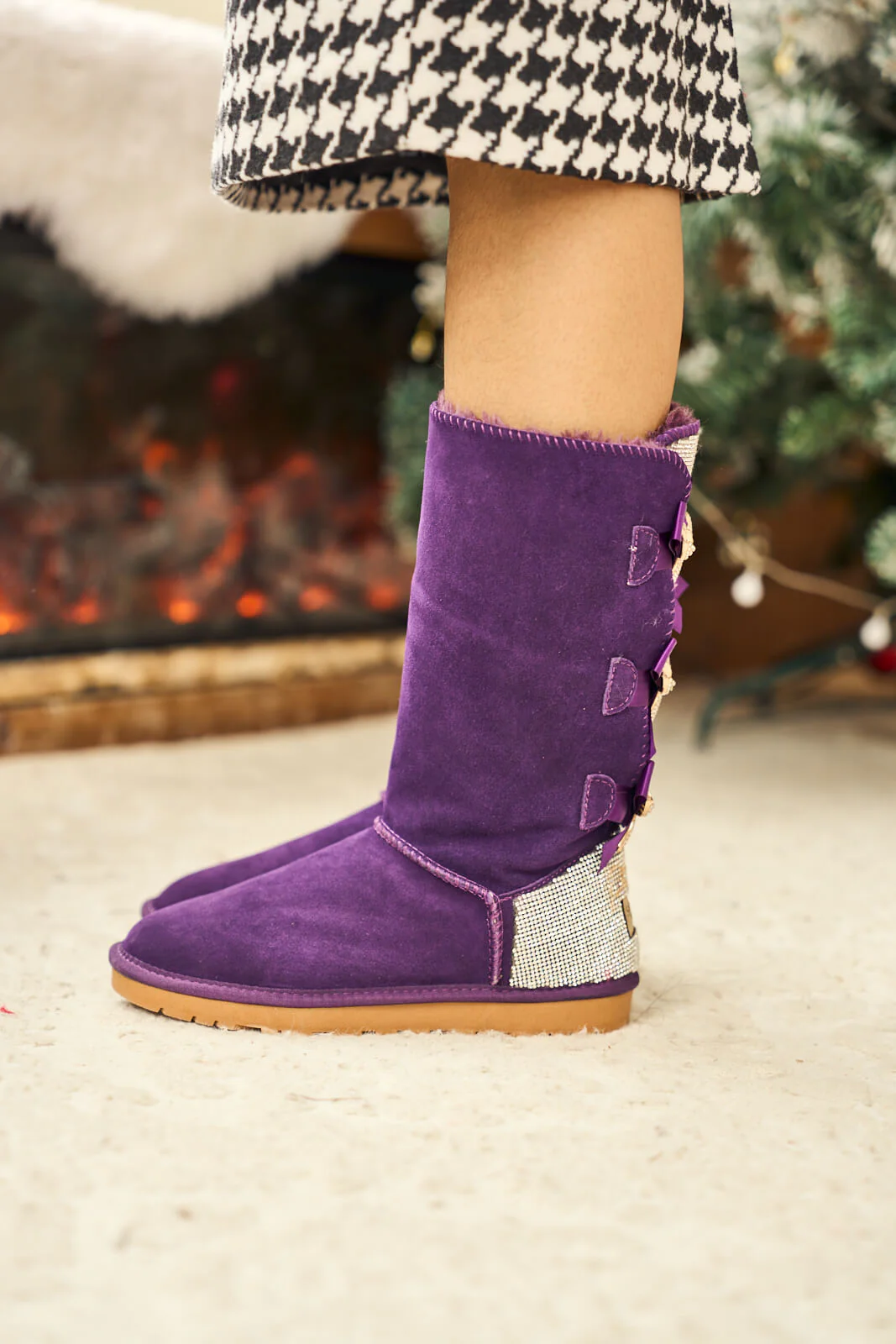 SMAIBULUN Ugg | Rhinestone Ribbon Tri-Tie Bow Suede Boots - violet - Image 8