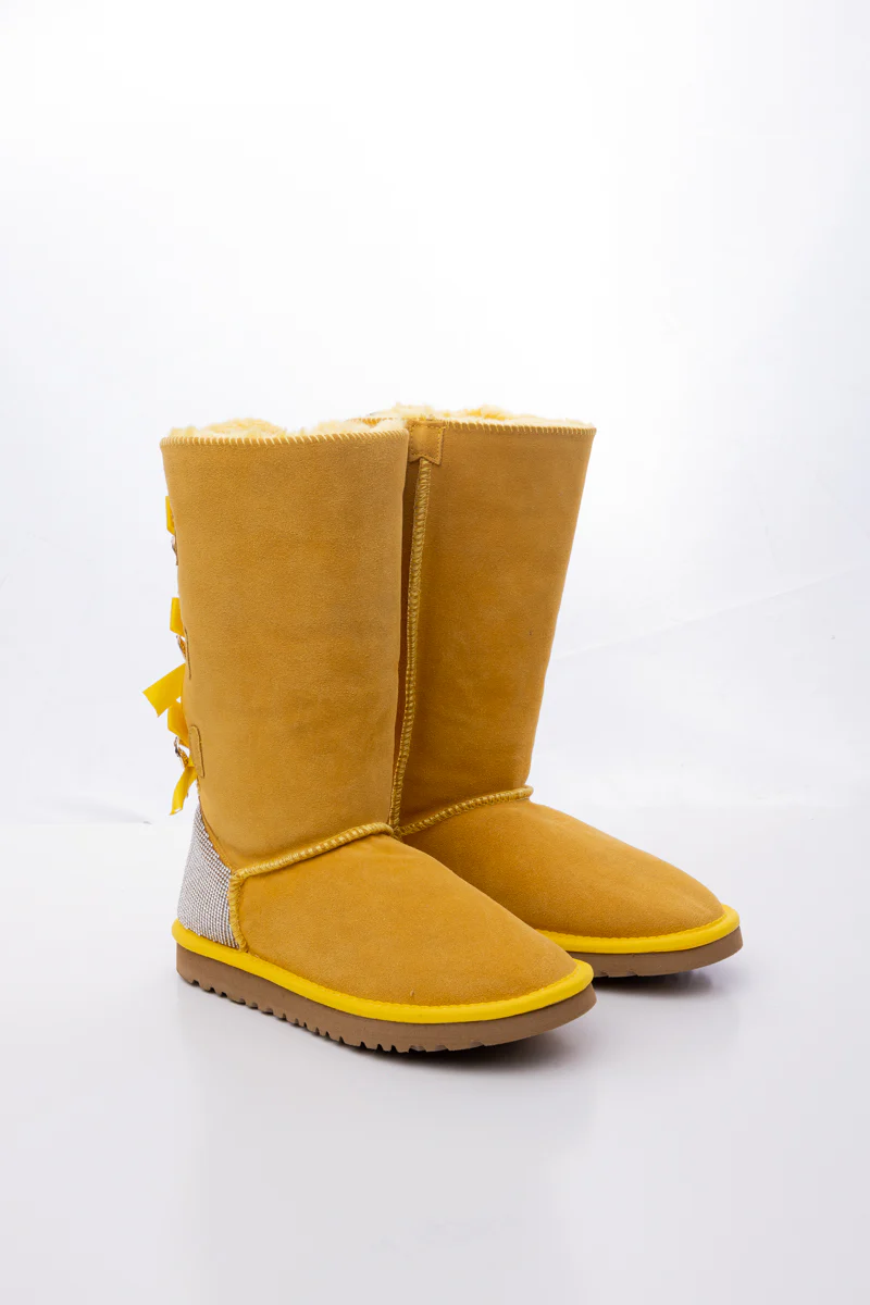 SMAIBULUN Ugg | Rhinestone Ribbon Tri-Tie Bow Suede Boots - Yellow - Image 10