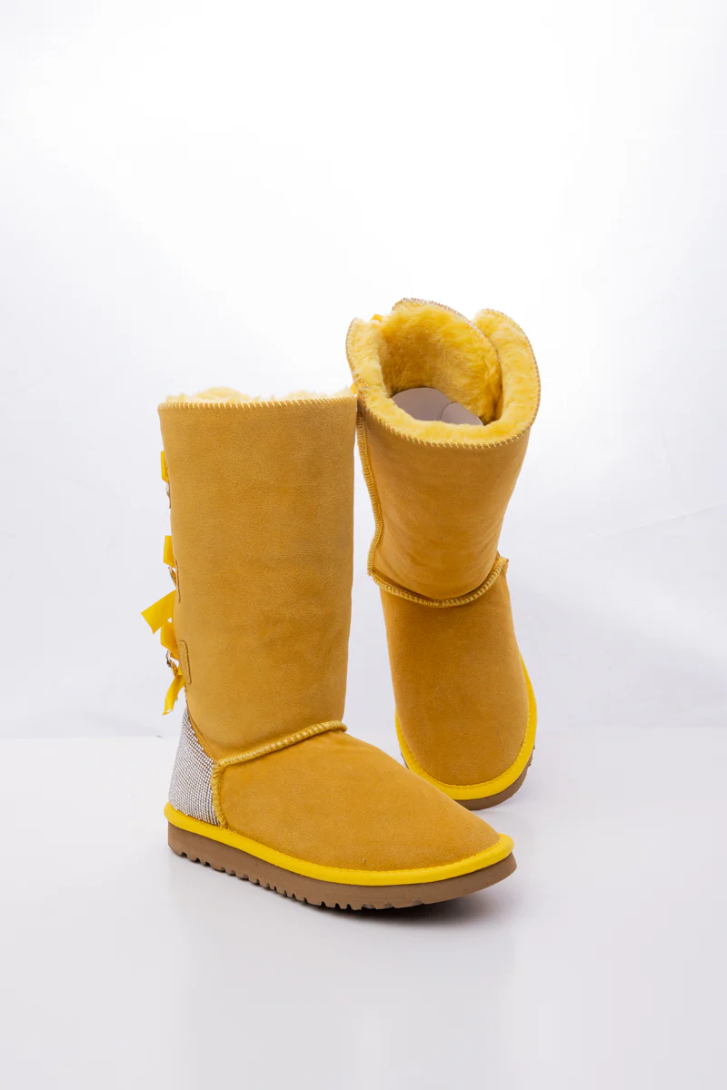 SMAIBULUN Ugg | Rhinestone Ribbon Tri-Tie Bow Suede Boots - Yellow - Image 12