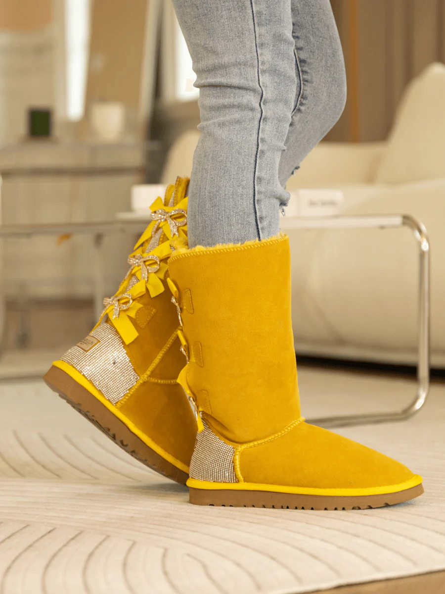 SMAIBULUN Ugg | Rhinestone Ribbon Tri-Tie Bow Suede Boots - Yellow - Image 3